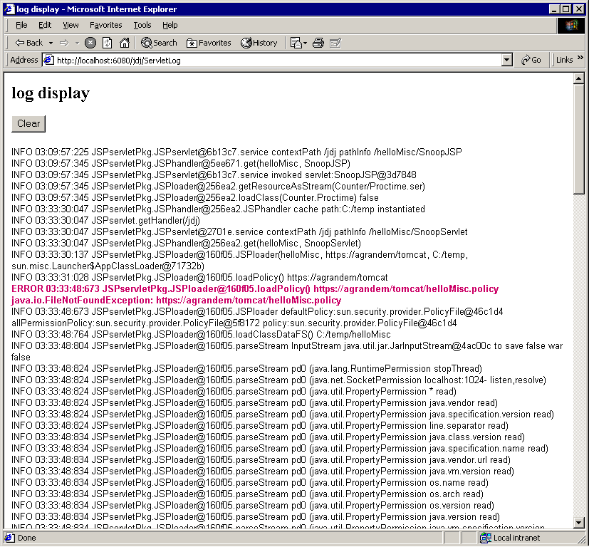 Servlet displaying PageBox log