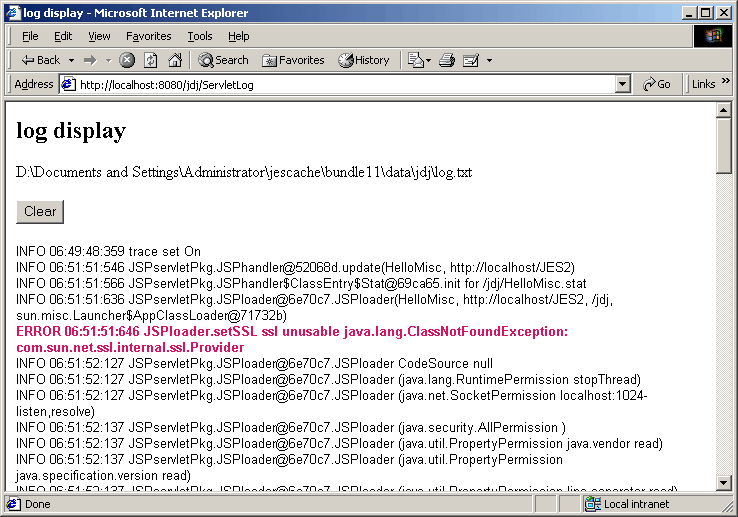 Servlet displaying diskless server log