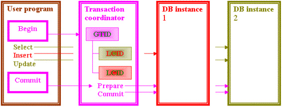 Two-phase commit performed by a Transaction coordinator for a global Transaction involving two Database instances