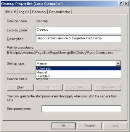 Property dialog box showing the Cleanup Windows service setup 