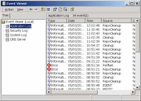 The Event viewer shows RepoCleanup entries in the Application Log