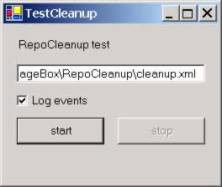 TestRepoCleanup form with a text box containing the full path of the configuration file and a checkbox. When the checkbox is checked RepoCleanup writes Information entries on the Application Event log
