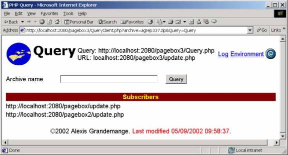 Browser displaying the QueryClient.php page. QueryClient shows the other subscribers to an archive installed with PageBox.