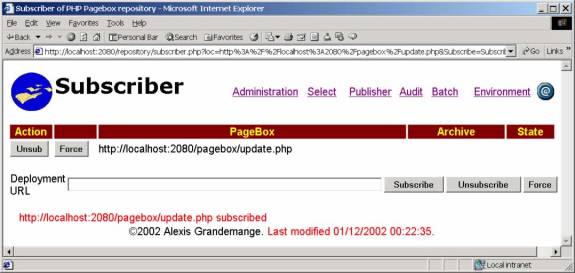 Browser displaying the subscriber.php page. A PageBox has been successfully subscribed.