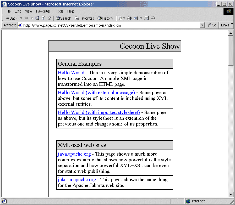 Cocoon samples packaged in a Web archive hosted in PageBox