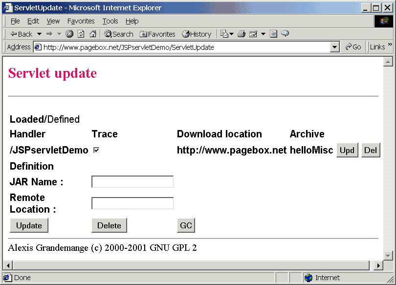PageBox servlet showing the deployed Web archives
