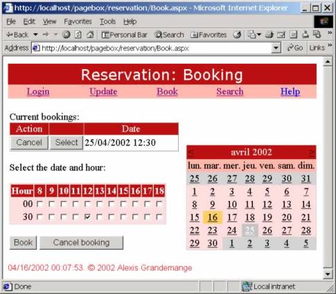 Booking form: On the top left are listed the current bookings. You can cancel or select them. On the bottom left you have a schedule. Check a slot to book. On the right hand you have a calendar that you use to select the booking date
