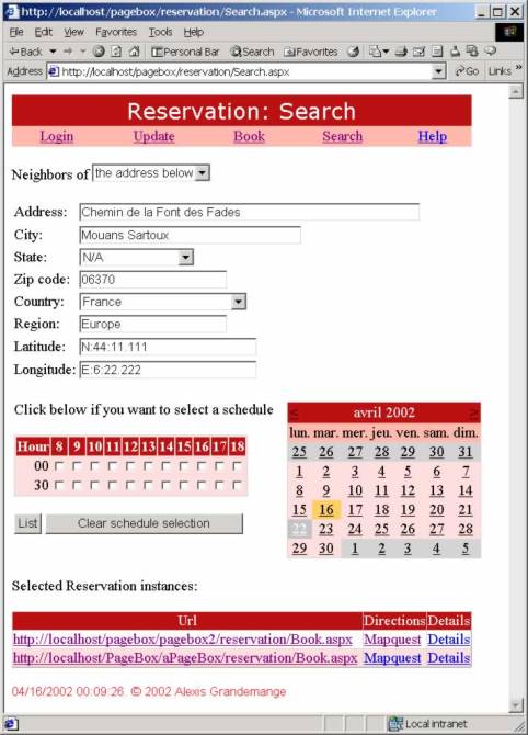 Search form: Dropdown list on the top to select the address you want to get the closest location. You can also enter or modify the address below. On the middle left a schedule and on the middle right a calendar to select the date/time slot when you would like to book. At the bottom, the list of the best match Reservation instances. You can click on Mapquest to get the direction to the Reservation instance or on Details to see ApplicationDetails.aspx.