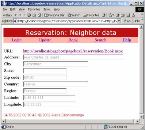 Neighbor data: displays the Reservation instance URL, address and GPS coordinates