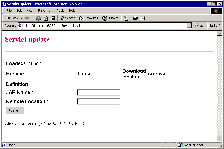 Archive creation screen with servlet