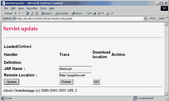 PageBox servlet used to install and show Web archive