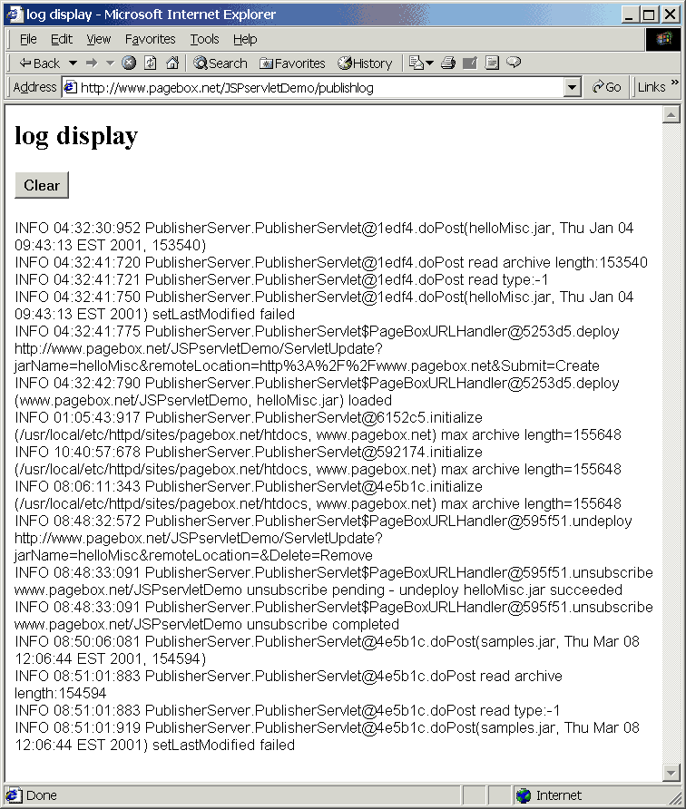 Servlet showing the log of the Web archive publish