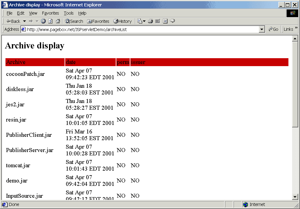 Repository servlet showing the published Web archives